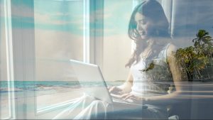 Remote and hybrid work, girl working on a laptop