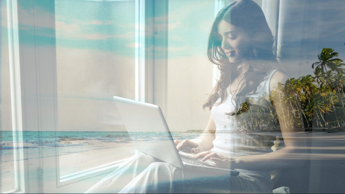 Remote and hybrid work, girl working on a laptop