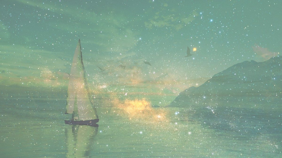 Ship sailing on sea and cosmos