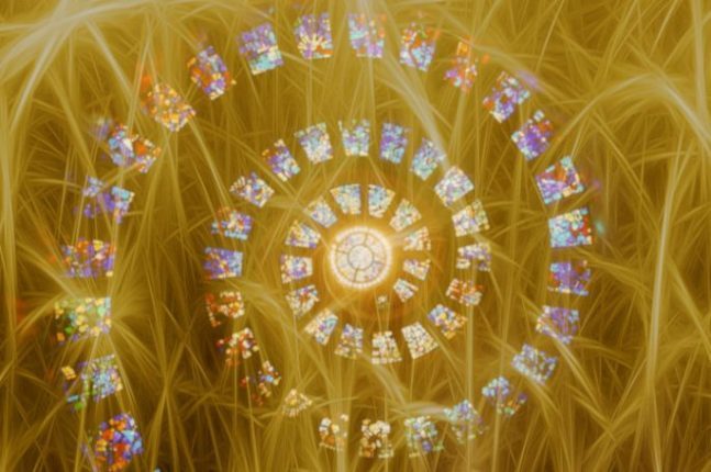 Constant Growth Fibonnaci stained glass on a golden wire field