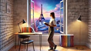 A young student in a room with a book in her hands