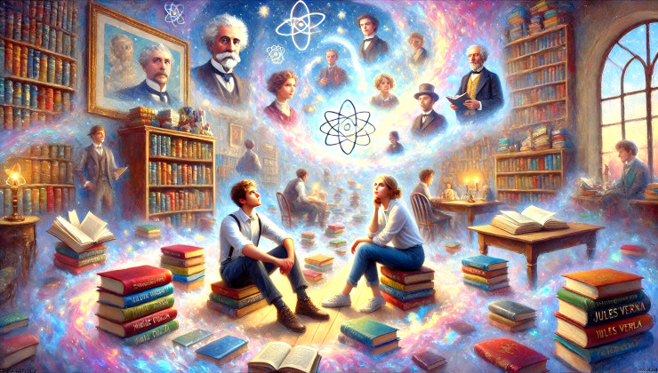 Two students in the middle of a room talking