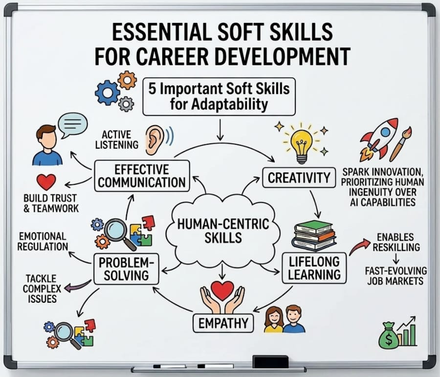5 essential soft skills for career development: Efective communication, Problem solving, Creativity, Lifelong learning and Empathy