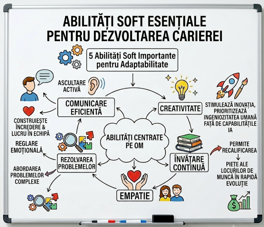 Infografic: 5 abilitati soft esențiale pentru cariera: comunicare eficientă, rezolvarea problemelor, creativitate, învățare continuă si empatie.